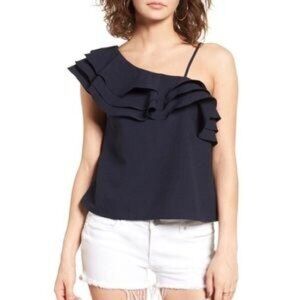 J.O.A. Los Angeles Ruffle Trim Shoulder Cami Top Blouse Navy Blue Size Large